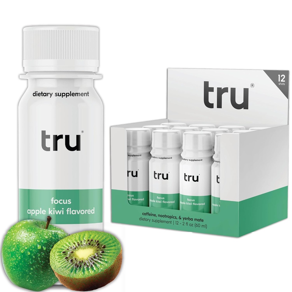 Tru Focus Shots, Nootropic Energy Drink with Yerba Mate, L Theanine & Natural Caffeine, Vegan Wellness Shot with Zero Sugar & Calories, Gluten Free, Keto Friendly, Apple Kiwi Flavor, 2 FL OZ, 12 Pack