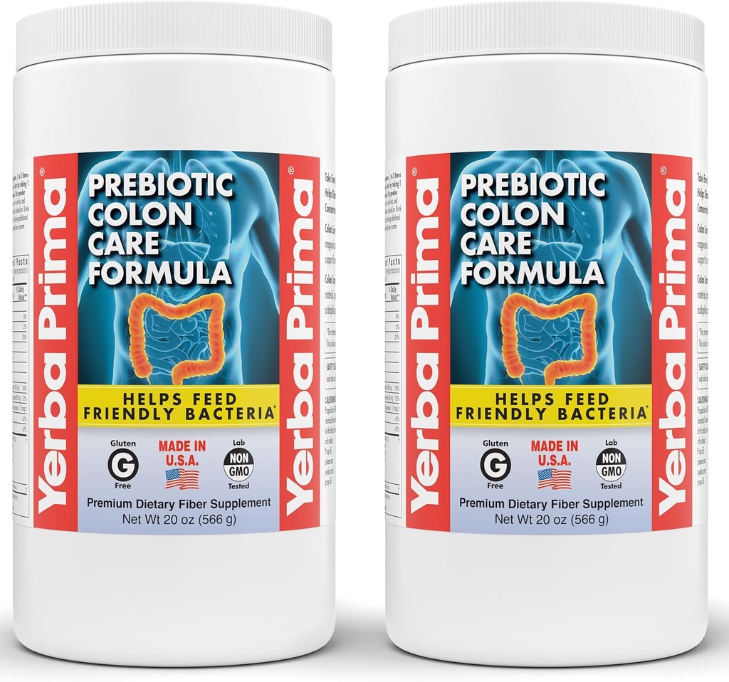 Yerba Prima Prebiotic Colony Care Formula, 20 oz אבקת (Pack of 2) עם FOS - Natural Psyllium סיבים, Magnesium, Selenium - non-GMO, Gluten Free, Vegan Daily Supplement - עבור גברים ונשים