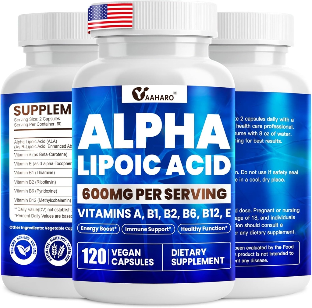 Alpha Lipoic Acid 600 מ"ג, ALA תוסף עבור אנרגיה Boost, Immune Support, פונקציונליות בריאה, ושיפור Absorption, R-Alpha Lipoic Acid עם ויטמינים חיוניים, 120 קפסולות