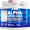 Alpha Lipoic Acid 600 מ"ג, ALA תוסף עבור אנרגיה Boost, Immune Support, פונקציונליות בריאה, ושיפור Absorption, R-Alpha Lipoic Acid עם ויטמינים חיוניים, 120 קפסולות