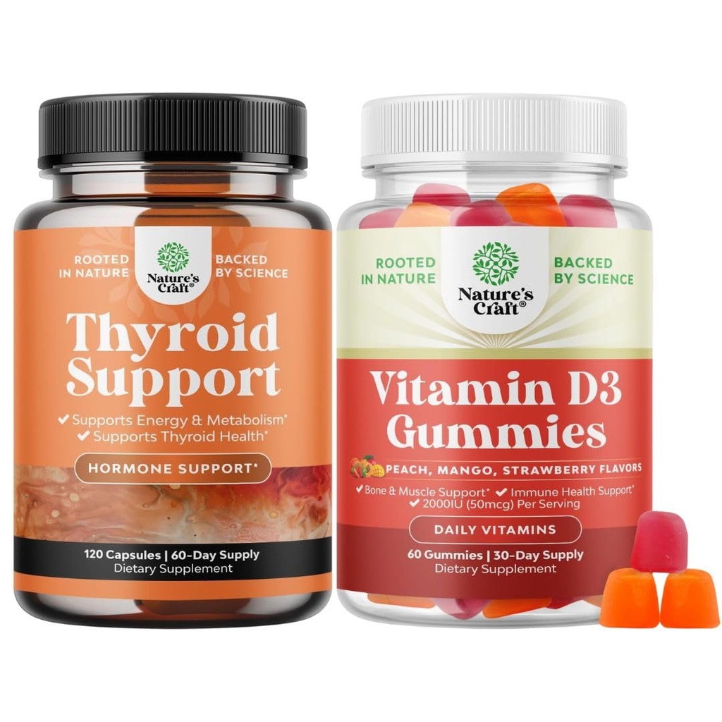 Bundle של Herbal Thyroid תמיכה - פוטנט Kelp Iodine עם L Tyrosine, Bladderwrack, Selenium & Pure Ashwagandha ו ויטמין D3 מסטיקים - D Adults עם 2000IU לשרת עבור העצם שריר