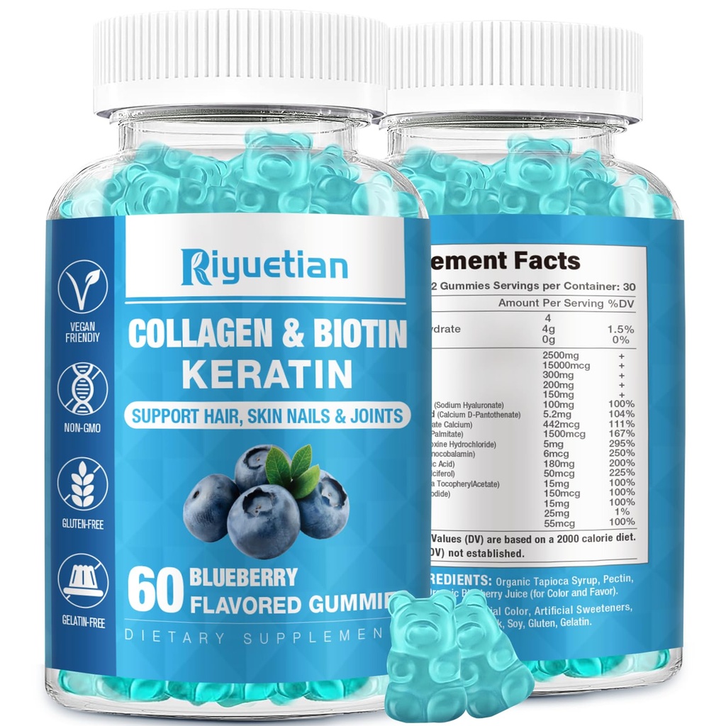 Biotin Gummies 15000mcg עם קולג'ן עבור מבוגרים נשים וגברים - שיער, Skin & Nails Gummies עם biotin - Collagen for Woman - טבעוני, non-GMO, ויטמין שיער - 60 Count, 1 Pack