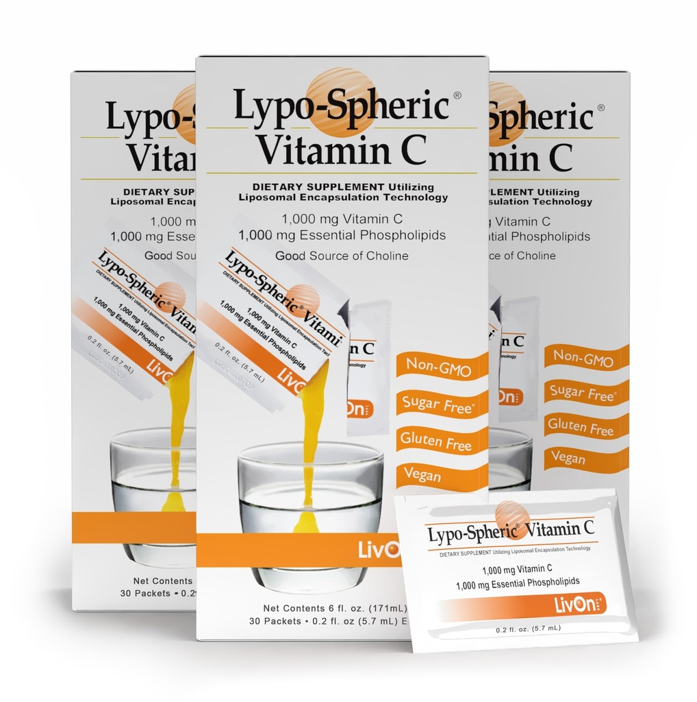 Liv On Laboratories Lypo-Spheric ויטמין C - 3 קרטונים (90 Packets) - 1,000 מ"ג ויטמין C & 1000 מ"ג Essential Phospholipids Per Packet - Liposome Encapsulated for Improved Absorption - 100% Non-GMO