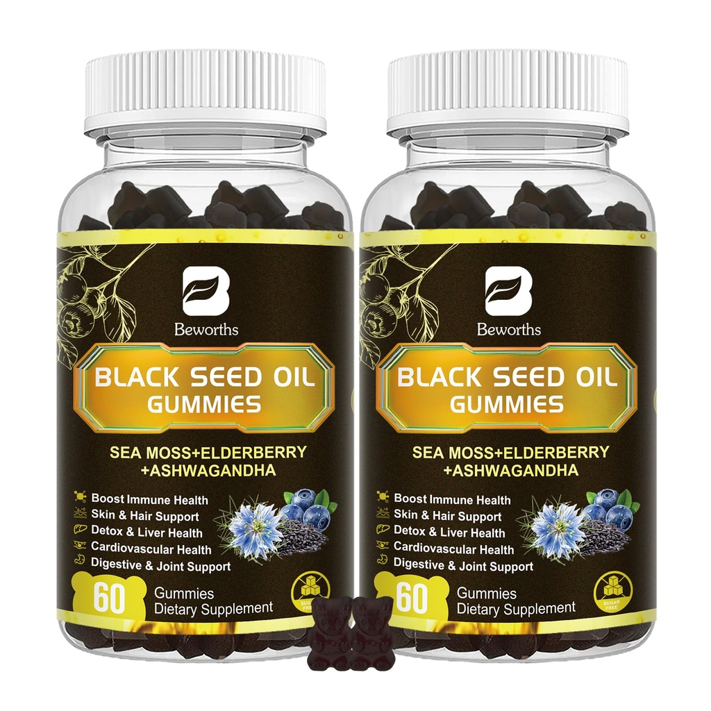 Black Seed Oil & Sea Moss Gummies, 2Pack Irish Sea Mosssmies with Black Seed Oil, Ashwagandha Extract, Elderberry, Turmeric, ויטמין C, ויטמין C, ויטמין D3 - Immune Support, Joints, Hair & Skin
