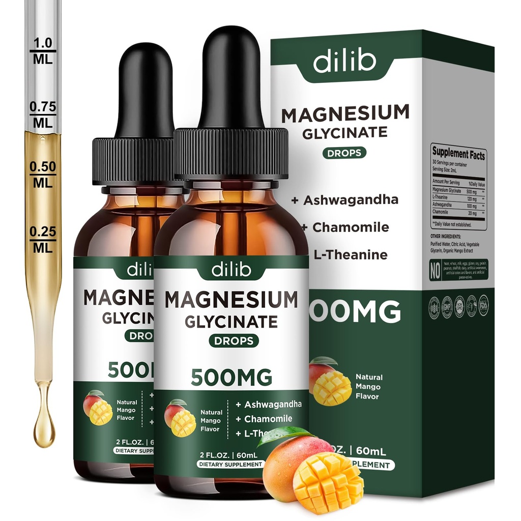 Magnesium Glycinate נוזל טיפות תוספת, עם Magnesium Glycinate 500 מ"ג Ashwagandha, L - Theanine, Chamomile - Support Stress Relief, העצם, השרירים, Mood מנגו פלפור 2Pack
