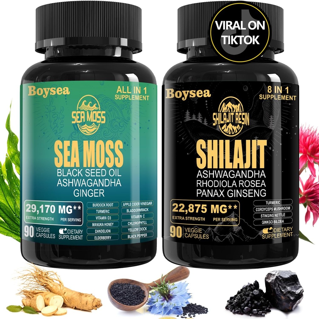 Geloo Superfood תוסף Bundle - 90 Count Sea Mos קפסולות (Sea Mosss, Black Seed Oil) ו 90 Count Pure Shilajit קפסולות (Shilajit, Ashwagandha) 1 Pack