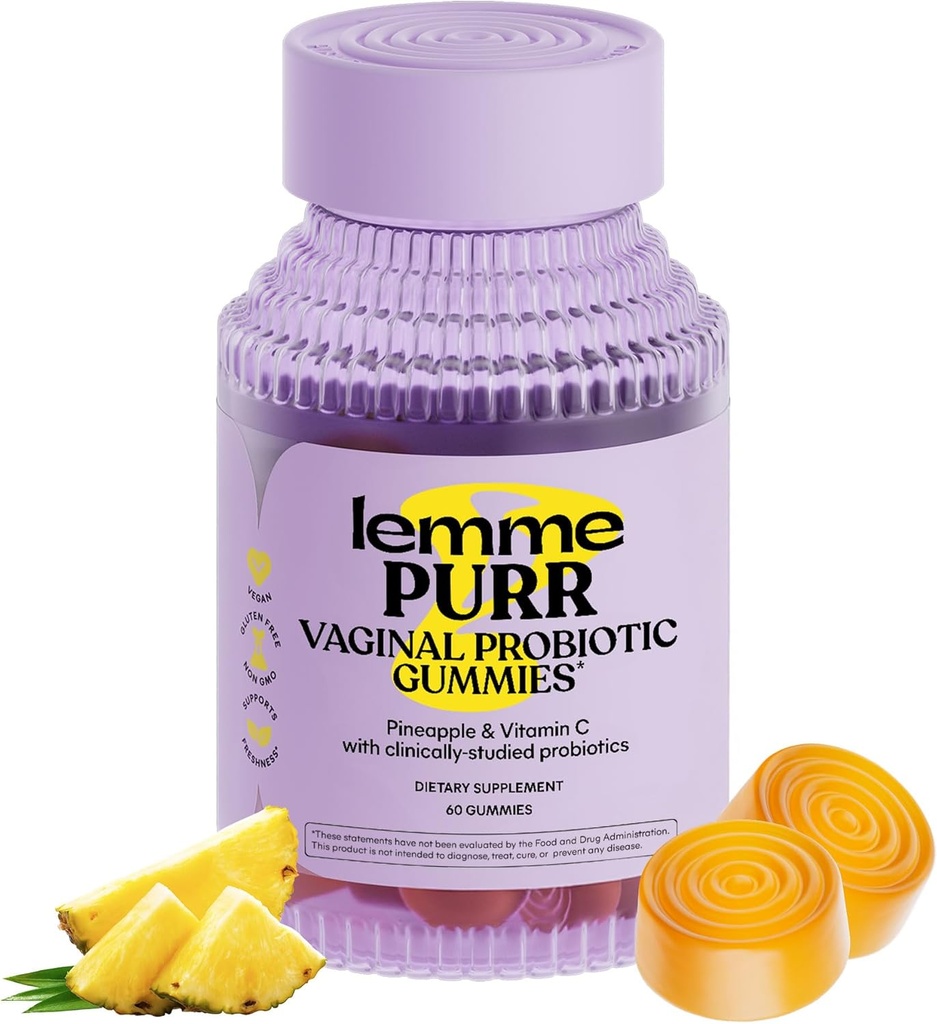 Lemme Purr Vaginal Probiotics for Women - Balanced pH, Odor בריא, Yeast Balance & פלורה תמיכה + ויטמין C לבריאות החיסון - Tasty Pineapple (60 Count)