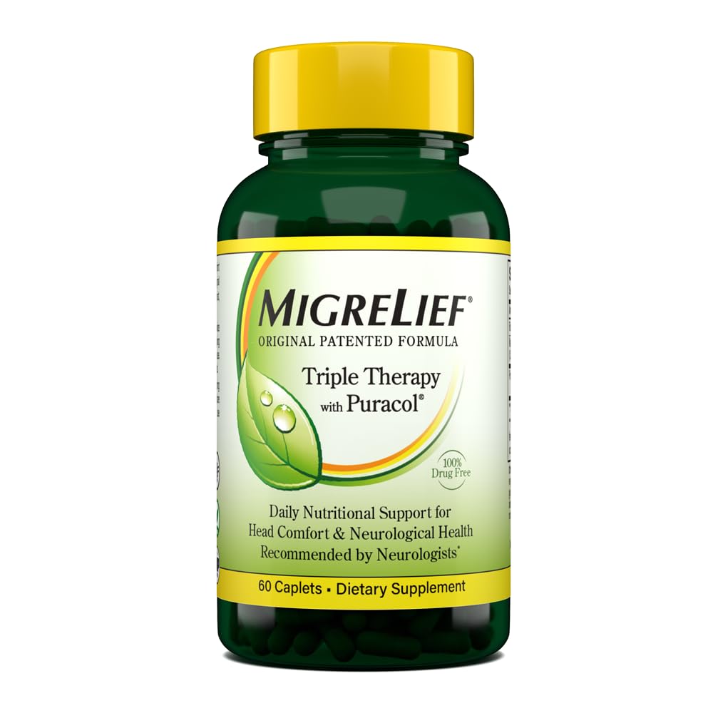 MigreLief המקורי טיפול עם Puracol - תמיכה תזונתית עבור Migraine Sufferers - 60 Caplets/1 חודש אספקה