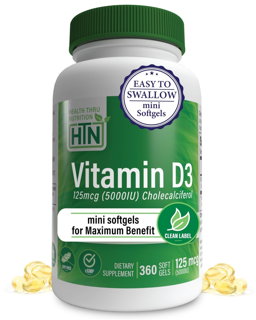ויטמין D3 5000o 360 Mini Softgels עבור אספקת השנה להטבות מקסימלית | 125mcg Cholecalciferol דרגה ב- Organic EVOO | Immune Health Support