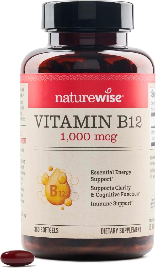 NatureWise ויטמין B12 1000 mcg - תוספת תזונתית לתמיכה במטבוליזם אנרגיה, בהירות נפשית, מערכת העצבים - Easy-to-Swallow, Soy & Gluten-Free, non-GMO - 360 Count[1-Year Supply]