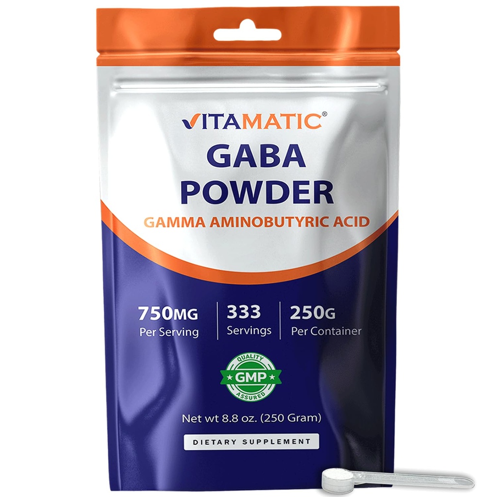 Vitamatic Gamma Aminobutyric Acid אבקת 750 מ"ג לשרת - 250 גרמים - נקרא גם GABA - 333 משרתים