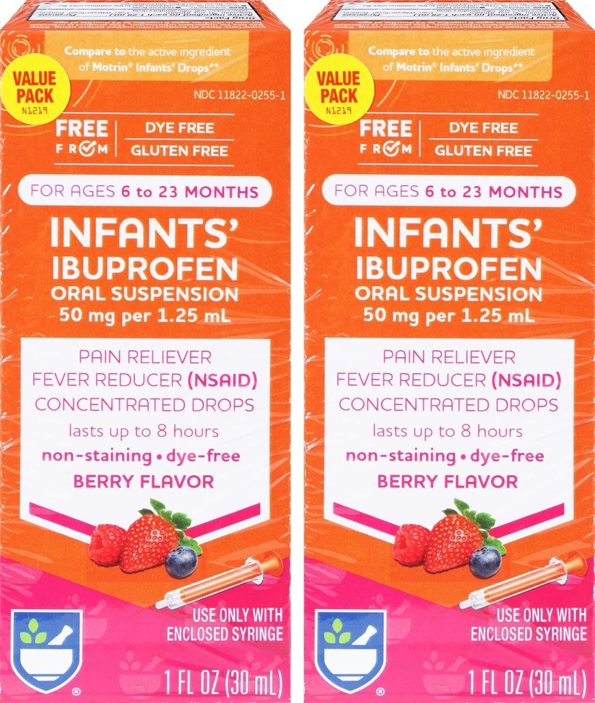 Rite Aids' Dye-Free Ibuprofen טיפות, ברי פלאמור, 50 מ"ג - 2 Value Pack | Baby Pain Reliever | עבור תינוקות בגילאי 6 עד 23 חודשים | אוראלי Suspension 50 מ"ג ל 1.25 מ"ל | Gluten Free Gluten Free Baby Pain Reliever