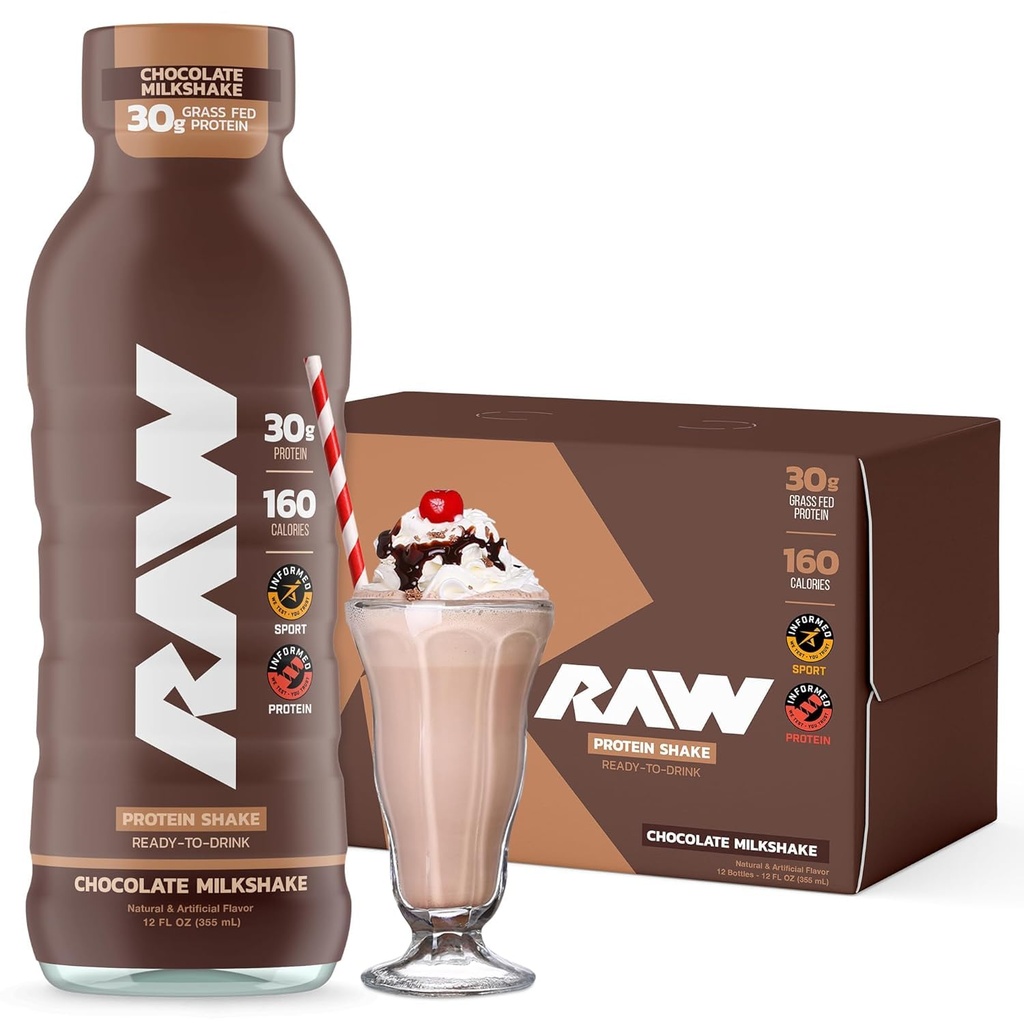 RAW מוכן-to-Drink חלבון שקד, שוקולד - RTD חלבונים שותה עם Grass-Fed Whey חלבון Isolate עבור פוסט-Workout - Zero-Sugar & Gluten-Free Meal החלפת Drink & Breakfast Shake, 12 Fl Oz Oz