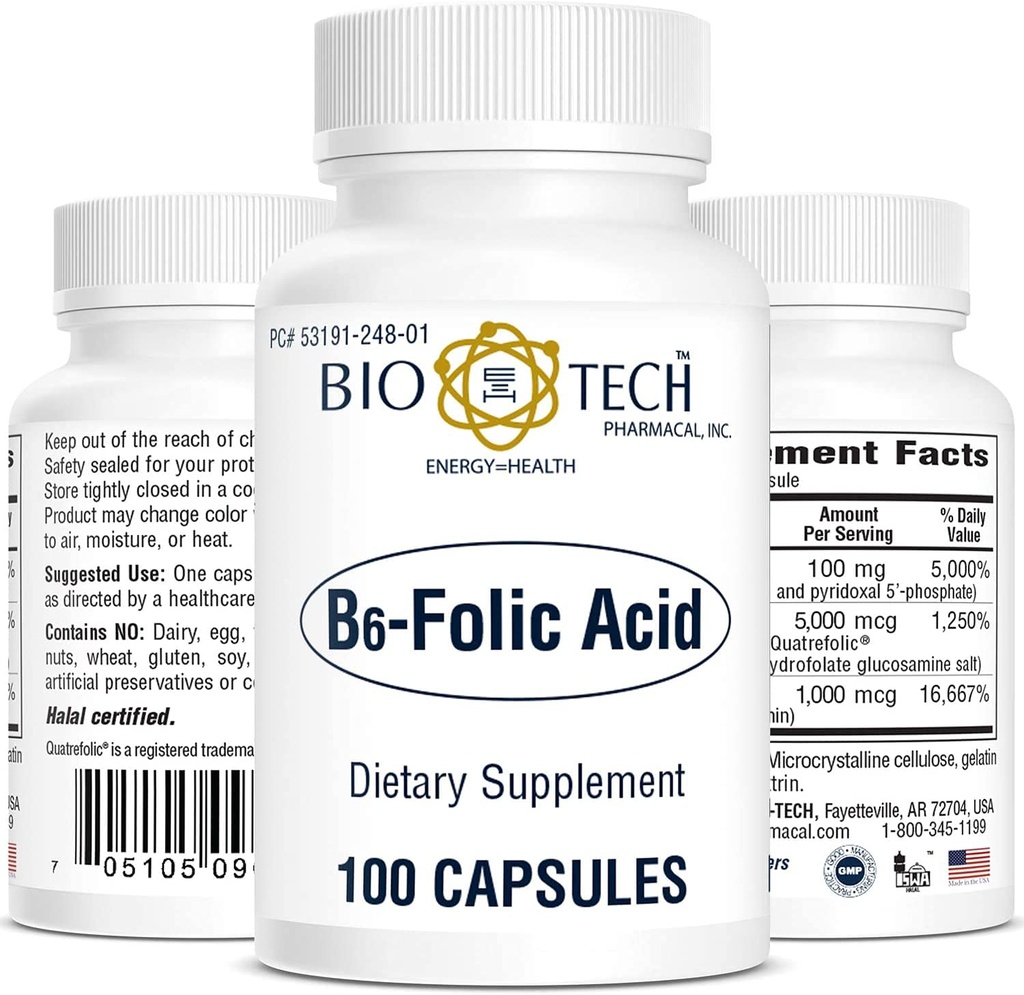 Bio-Tech Pharmacal B6-Folic Acid, 100 Capsules – All-Natural Supplement – Supports Cardiovascular, Bone, & Nervous System Health – No Dairy, Fish, Gluten, Peanut, Shellfish, Halal, & Soy – No