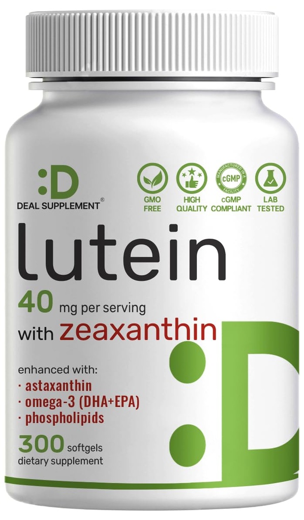 Lutein ו-Zaxanthin תוספים, 40mg Per Server, 300 Softgels - Plus Astaxanthin, אומגה 3, & Phospholipids - non-GMO