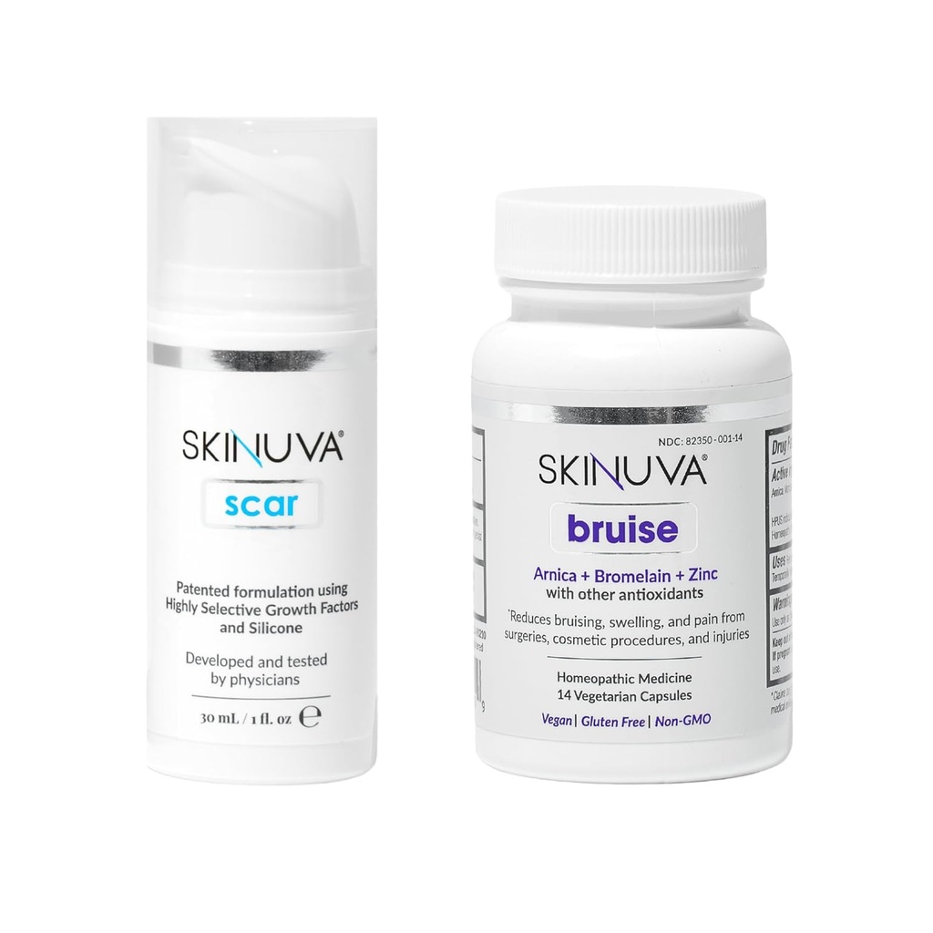 Skinuva® Scar (1 oz) & Bruise (14 קפסולות) - Advanced Silicone Cream פורמולה עם Growth Factors & Homeopathic Bruise Remedy פורמולה עם Arnica, Bromelain & Zincain