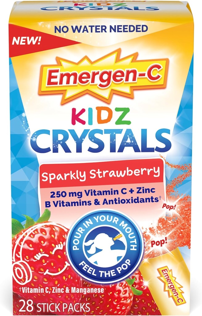 Craen-C Kidz Crystals, On-The-Go Immune Support Supplement with ויטמין C, ויטמין B, Zinc and Manganese, Sparkly Strawberry - 28 Stick Packs