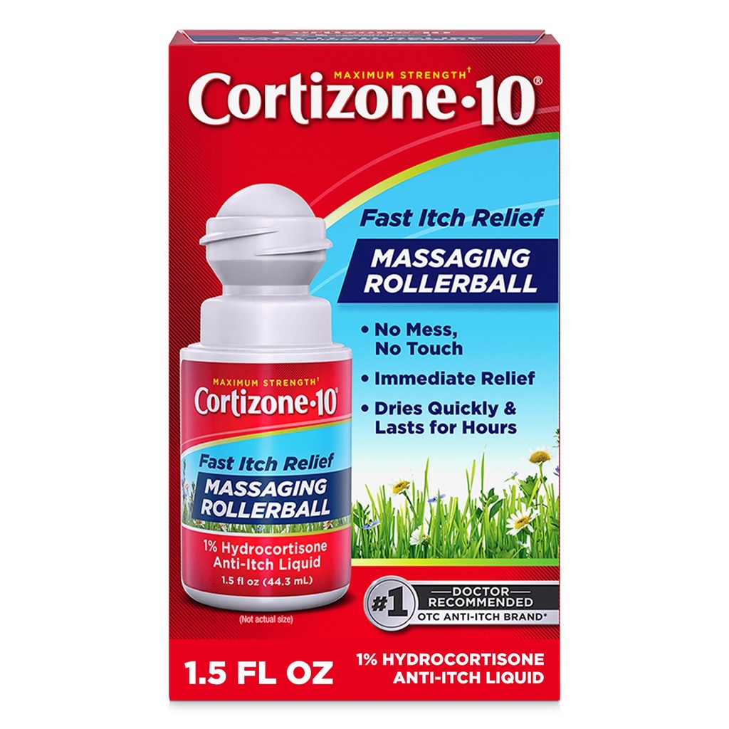 קורטיזון 10 כוח מקסימלי Itch הקלה Massaging Rollerball, 1% Hydrocortisone, Fast-Acting, Anti-Itch נוזל עבור באג Bites, Rash, אקסמה, פסוריאזיס, הרעל Ivy, Oak, Sumac, 1.5 oz.