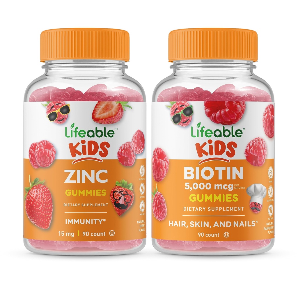 Lifeable Zinc Kids + Biotin Kids, Gummies Bundle - Great Tasting, ויטמין תוסף, Gluten Free, GMO חינם, Chewable Gummymy