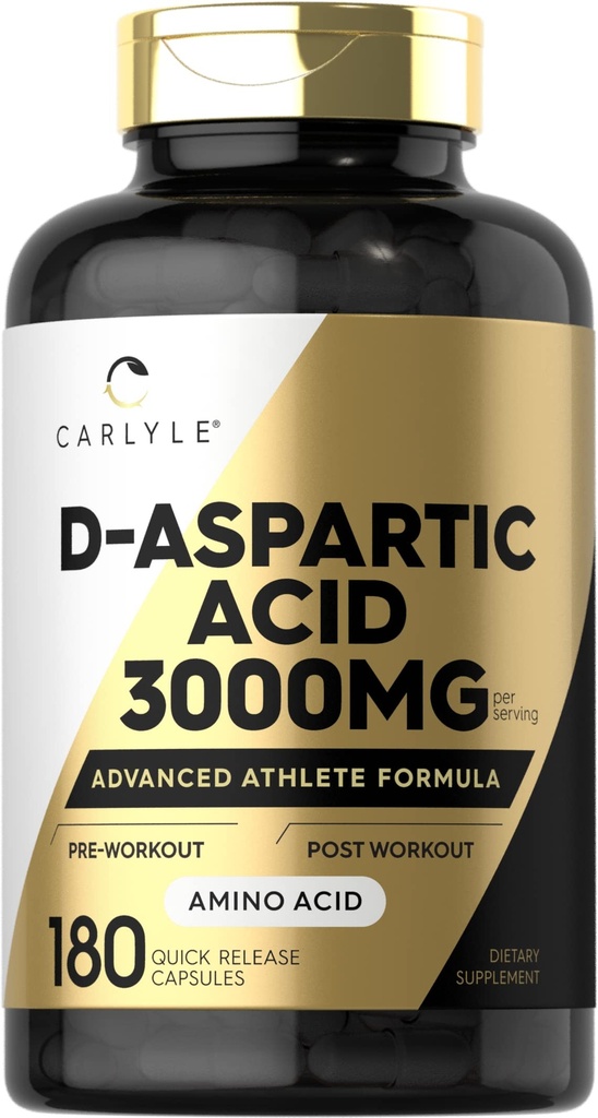 Carlyle D Aspartic Acid Capsules 3000mg | 180 Count | DAA Supplement for Men and Women | Advanced Athlete Formula | Non-GMO & Gluten Free