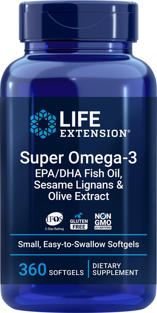Life Extension Super אומגה 3 360 Softgels, Easy to Swallow, EPA / DHA אומגה3 שמן דגים, Sesame Lignans & אוליב