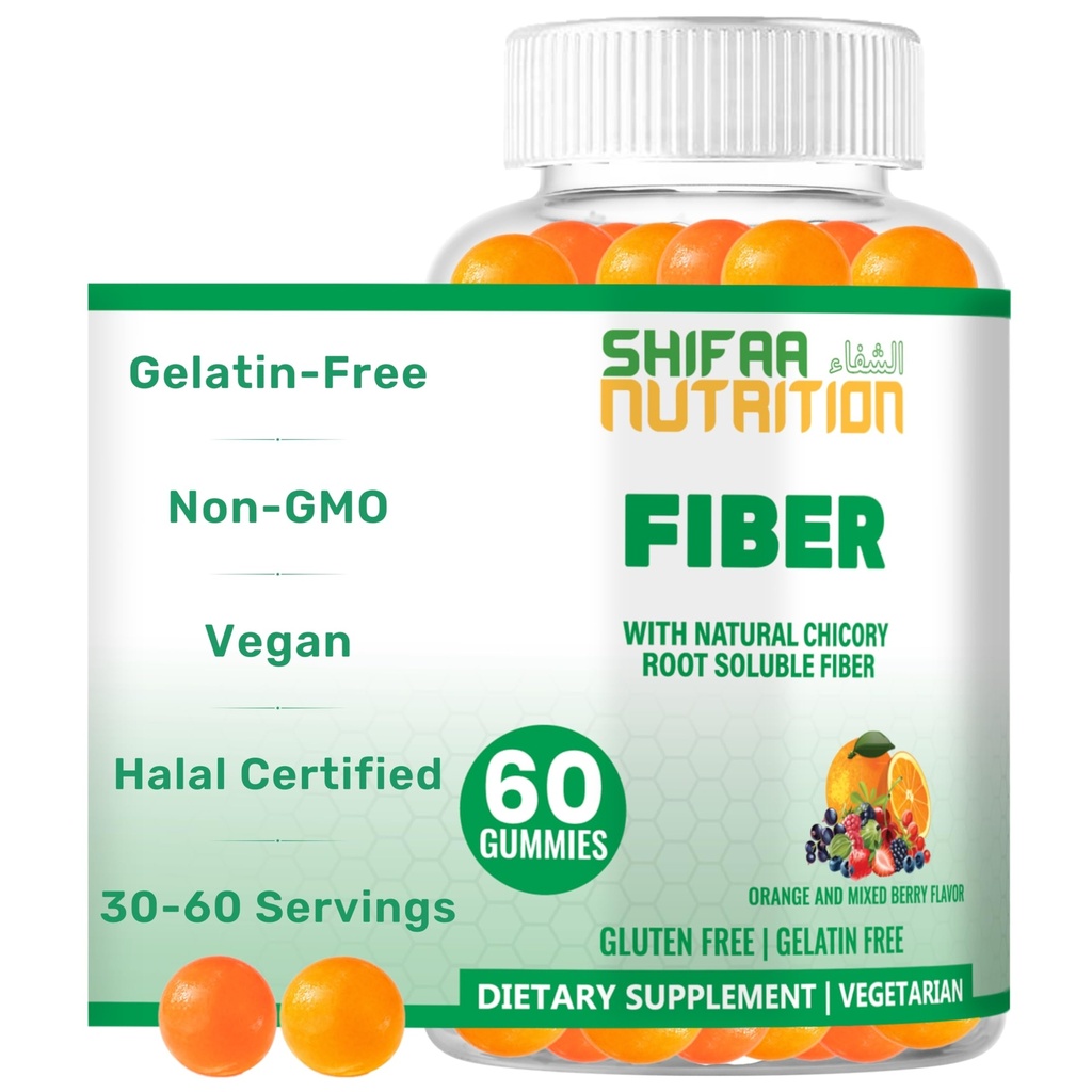 SHIFAA NUTRITION Halal & Gluten חינם סיבים חניכיים לילדים ומבוגרים | 4g, 30-60 משרתים | 60 חניכיים | שיפור בריאות העיכול, חסינות ו- Gut בריאות | טבעונית Prebiotic | Non-GMO, Gelatin-Freein-Free