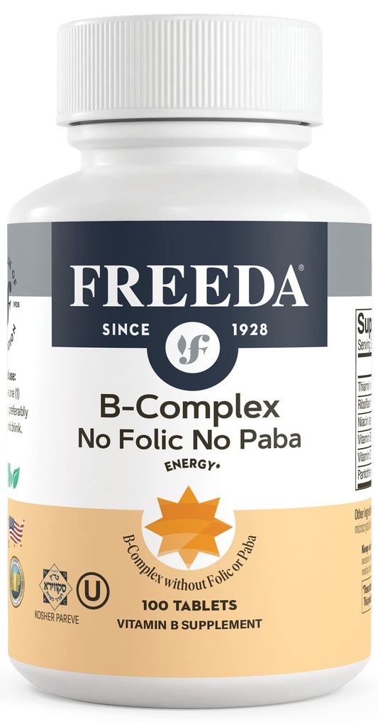 Freeda ויטמין B Complex No Folic No PABA - Super B Complex תוסף ויטמין B1 ויטמין B2 ויטמין B3 ויטמין B5 ויטמין B6 ויטמין B12 - Vit B Complex for Women & Men (100 Ct)