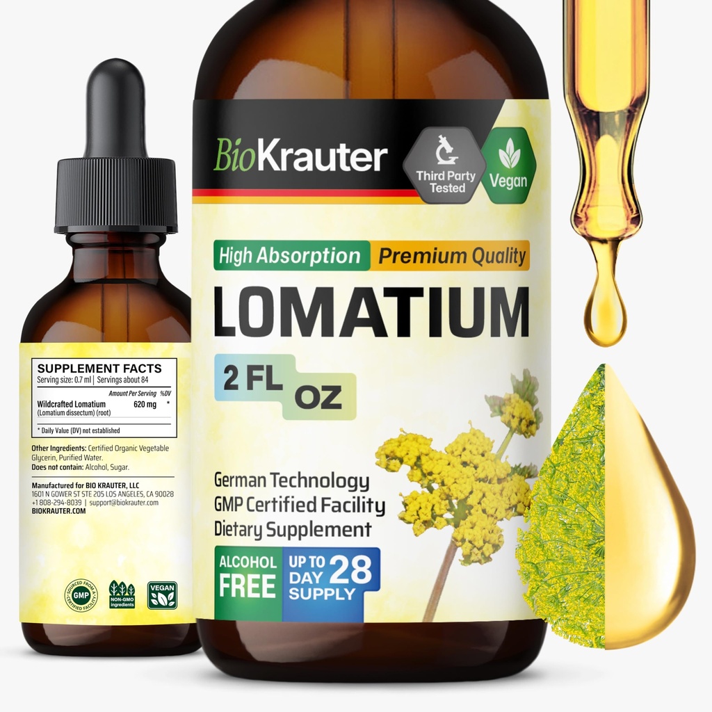 BIO KRAUTER Lomatium Root Tincture - תוסף תמיכה בנשימה טבעונית - Lomatium Dissectum נוזל לחלץ - אלכוהול & סוכר חינם - 2 Fl.Oz.