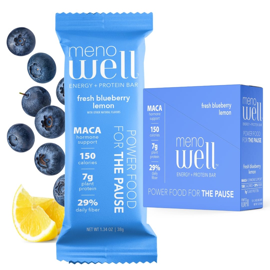MenoWell Menopause חלבונים Bars for Women, Weight Management Support, Fresh Blueberry Lemon, 25% דיילי סיבים, מבוסס צמחי, 7g של חלבון, 1g הוסיף סוכר, 10 Count (Pack of 1)