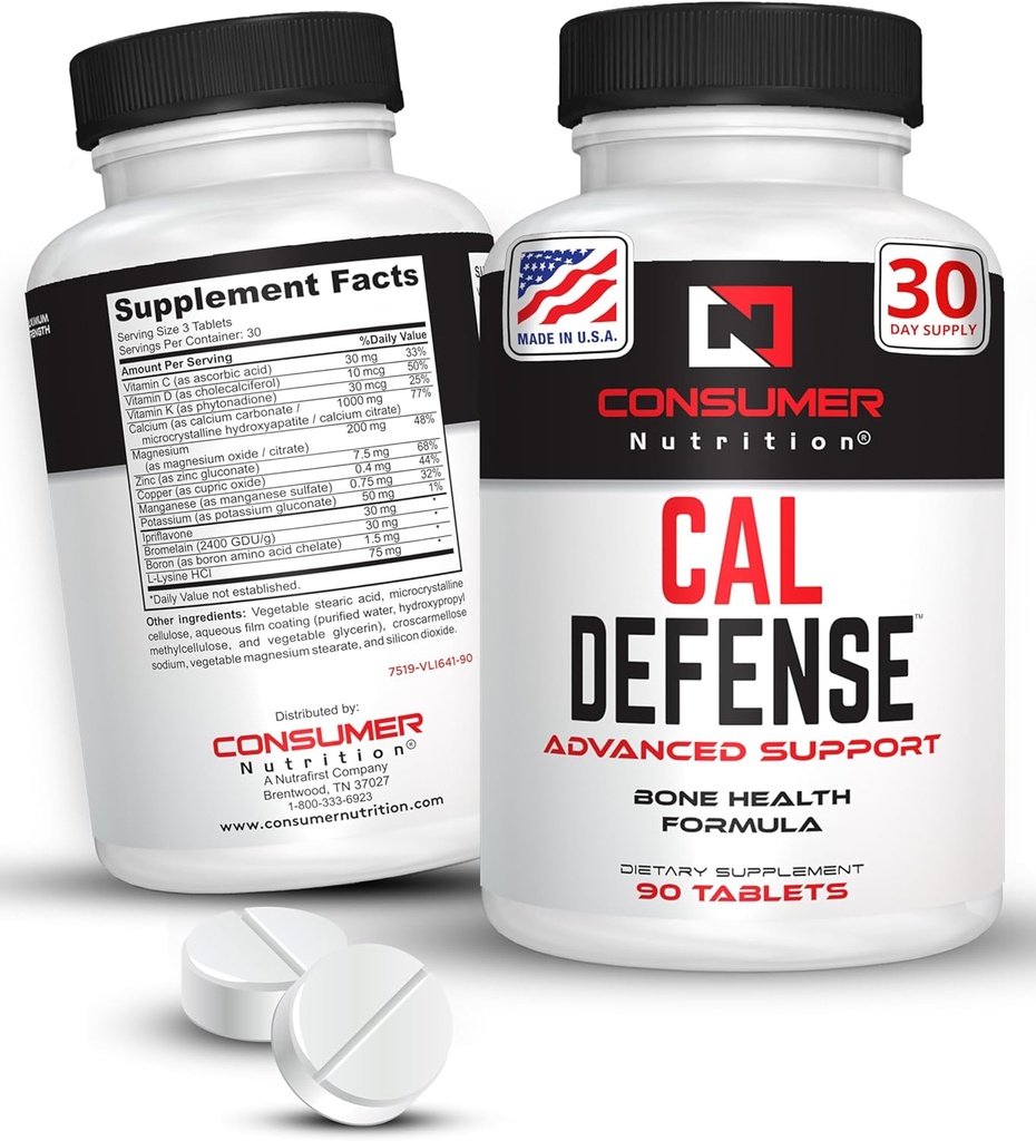 תוסף בונה עצמות - Cal Defenseעצמות Calcium תוספי מזון לנשים וגברים - עם Calcium עם ויטמין D, C, K, Magnesium, Bromelain, & Ipriflavone עבור עצמות חזקות יותר 90 טבליות Calcium