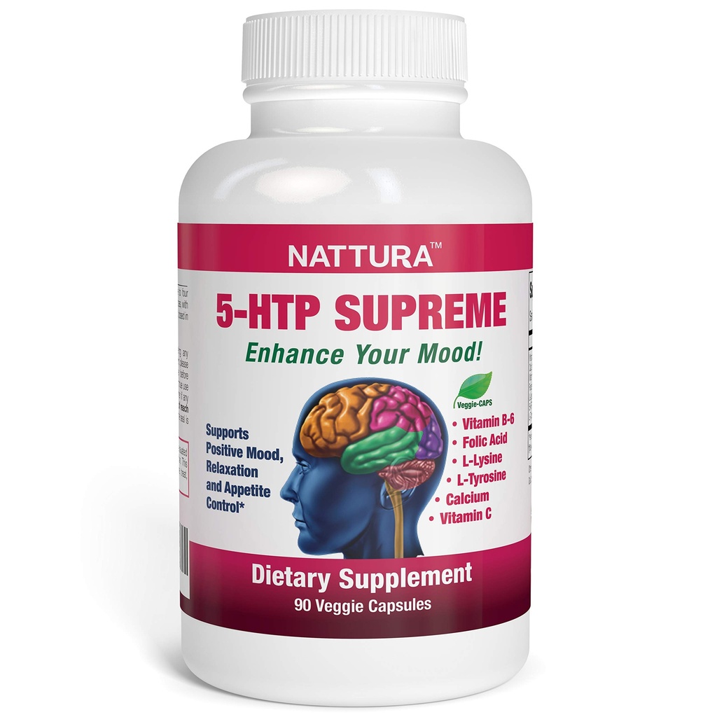Nattura 5HTP העליון - עבור חיובי Mood, הירגעות ו Appetite Control - עם 5-HTP, L-Tyrosine, L-Lysine, ויטמין B6, Folate (Folic Acid), ויטמין C (Ascorbic Acid), Calcium - 90 קפסולות