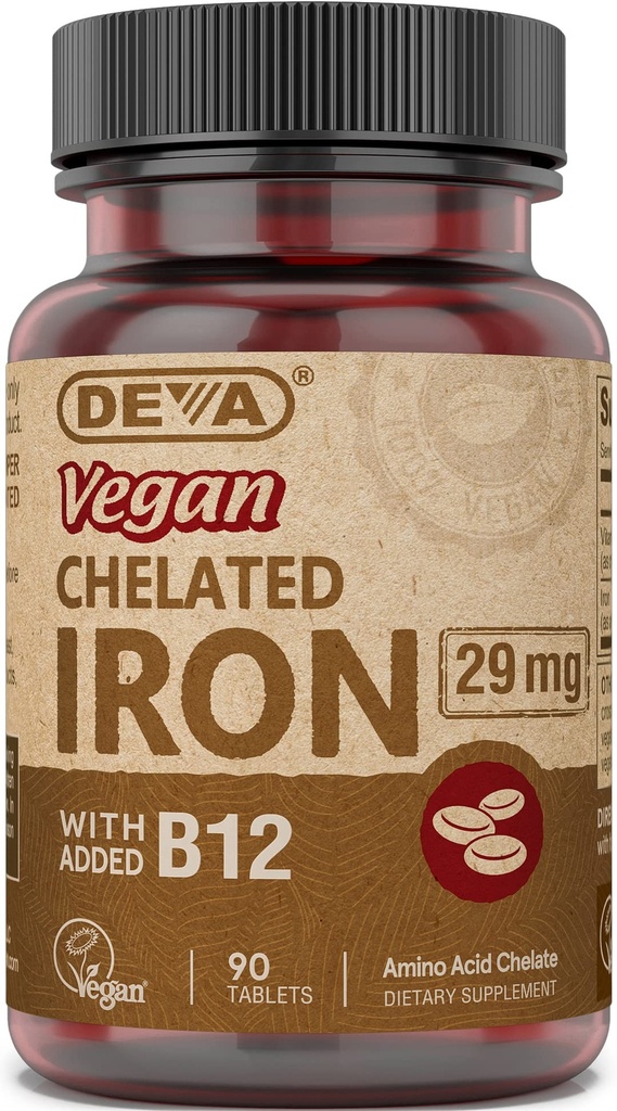 Deva Nutrition טבעוני Chelated Iron 29 מ"ג פורטד עם B-12 - עוצמה גבוהה, קל ל Swallow - 90 טבליות, 1-Pack