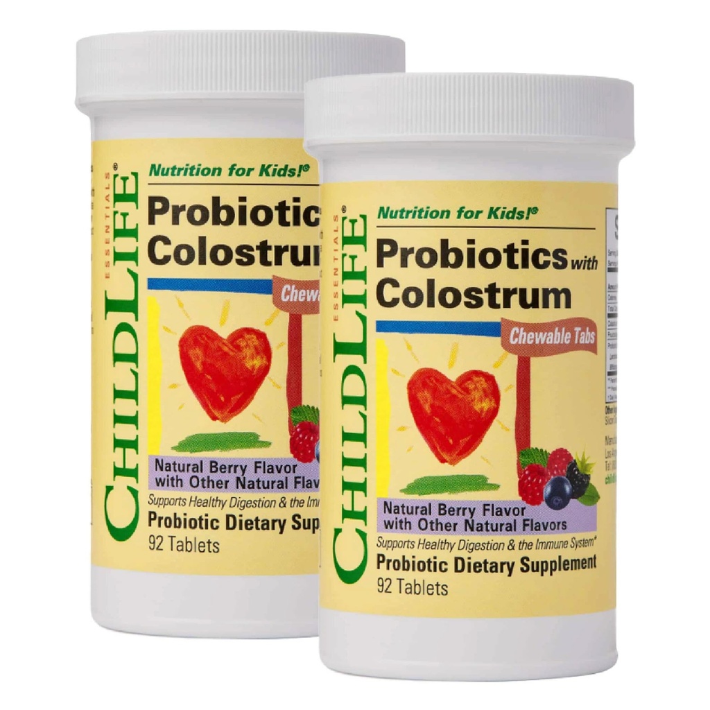 CHILDLIFE ESSENTIALS ChildBiotics with Colostrum- Probiotics for Kids, Probiotics for Digestive Health, Chewables, Probiotics, Colostrum for Kids - Natural Berry, 92 טבליות (Pack of 2)