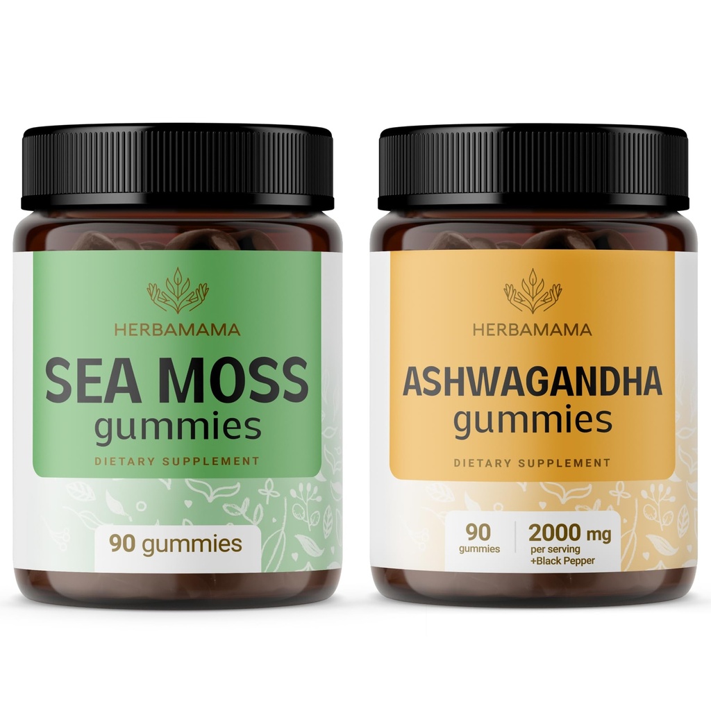HERBAMAMA Sea Moss ו- Ashwgandha Kit - Bundle של 1600 מ"ג ים מוs עם Bladderwrack & Ashwagandha Rootmies - טבעוני, non-GMO, Gelatin-Free - 2 Pack