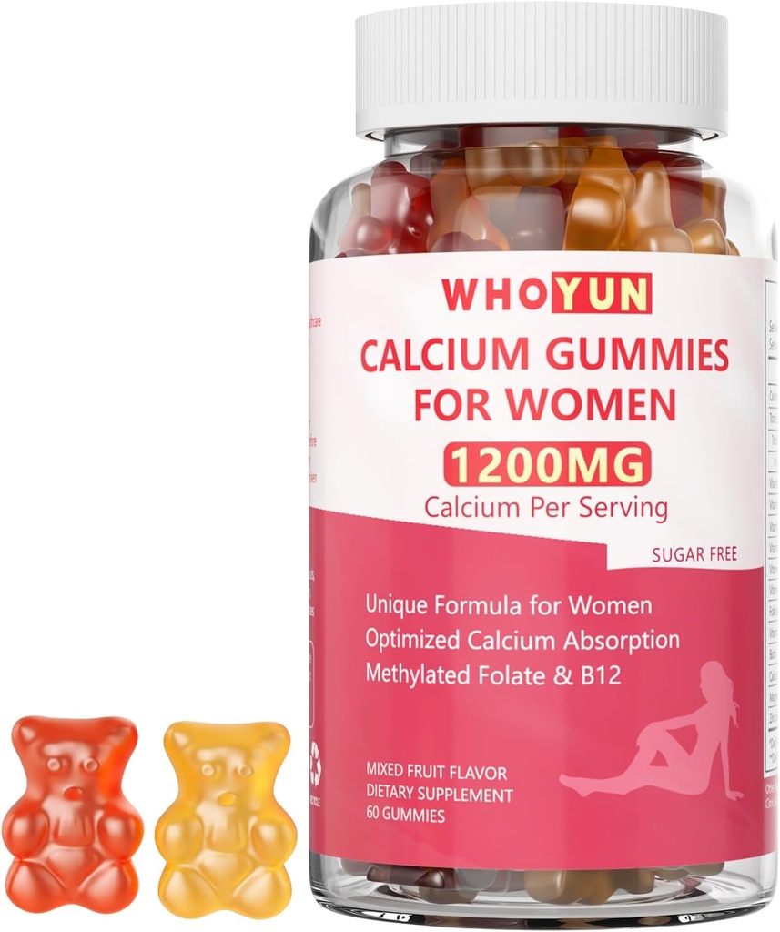 Calcium Gummies for Women 1200 מ"ג, פורמולה ייחודית עם Folate, B6, B12, D3, Magnesium, Zinc, Calcium Citrate Chewable for Bone, Skin Health, 60 Count