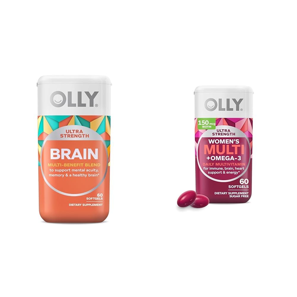 OLLY Ultra Power Brain Softgels, Nootropic, תומך בתפקוד המוח בריא, זיכרון, פוקוס ו Ultra Women's Multi Softgels, Total Health and Immune Support, אומגה 3s, ברזל, ויטמינים A, D.