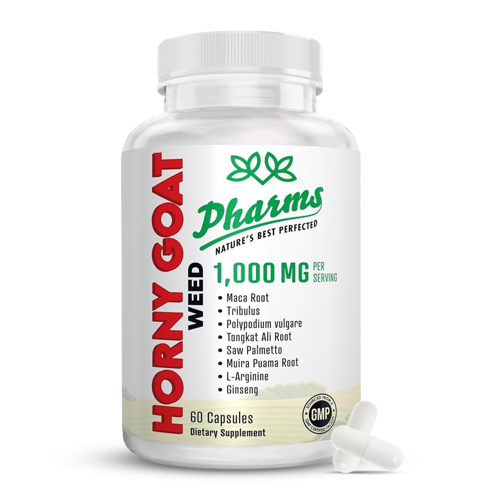 PHARMS Horygoatweed עבור גברים ונשים (1,000 מ"ג) - אנרגיה & Stamina קפסולות עם Maca Root, Tribulus, Tongkat Ali, Saw Palmetto & גינזנג - נשים וגברים ביצועים Enhancing תוסף - 60 קפסולות