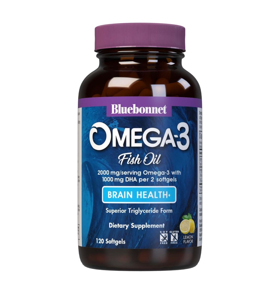 BlueBonnet Nutrition Omega-3 Brain Formula Natural Wild Caught Triglyceride Form DHA 1000 mg EPA 210 mg, Highly Concentrated Cognitive Health & Wellness Support Supplement, Gluten-Free Softgel, Yellow/Clear, Lemon, 120 Count
