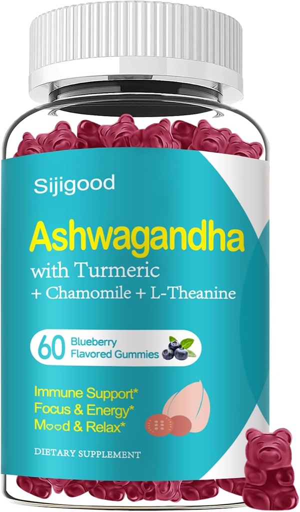 Ashwagandha Gummies, תמיכה עבור Immunity, הירגעות, Ashwagandha תוספי לגברים ונשים, Natural Blueberry Flavor, 60 Count