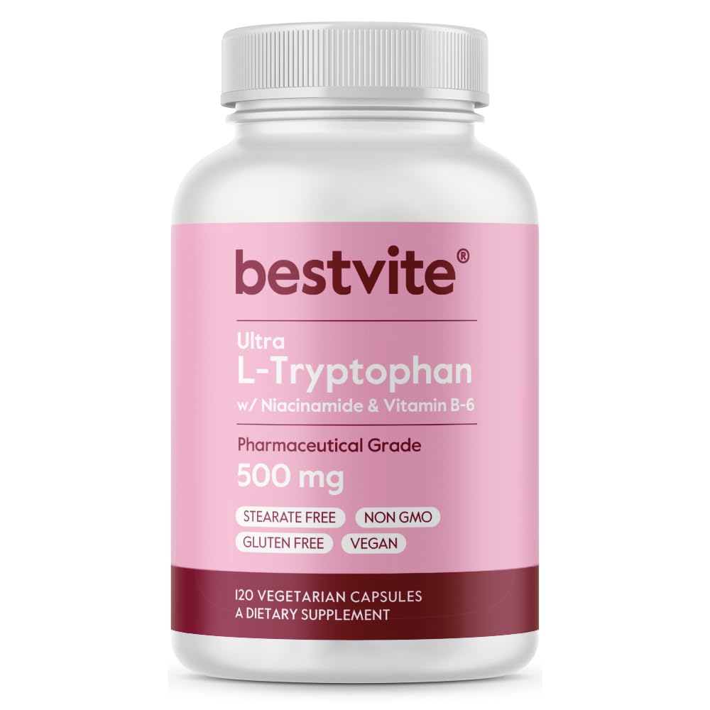 BestVITE L-Tryptophan 500 מ"ג עם B3 & B6 (120 קפסולות צמחוניות) - No Fillers - No Stearates