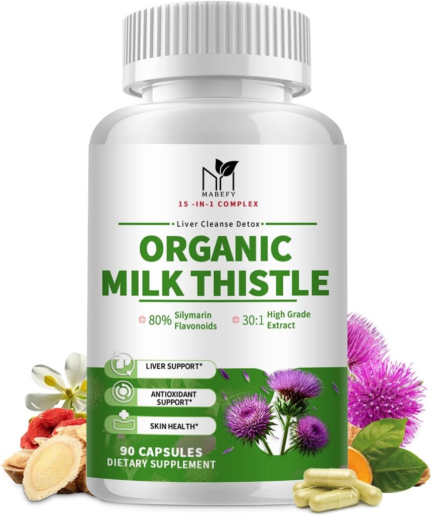 תוספת של חלב אורגני Thistle Liver Detox - 15in-1 פורמולה עם Silymarin, Antioxidants, & Herbal Bell - 90 קפסולות