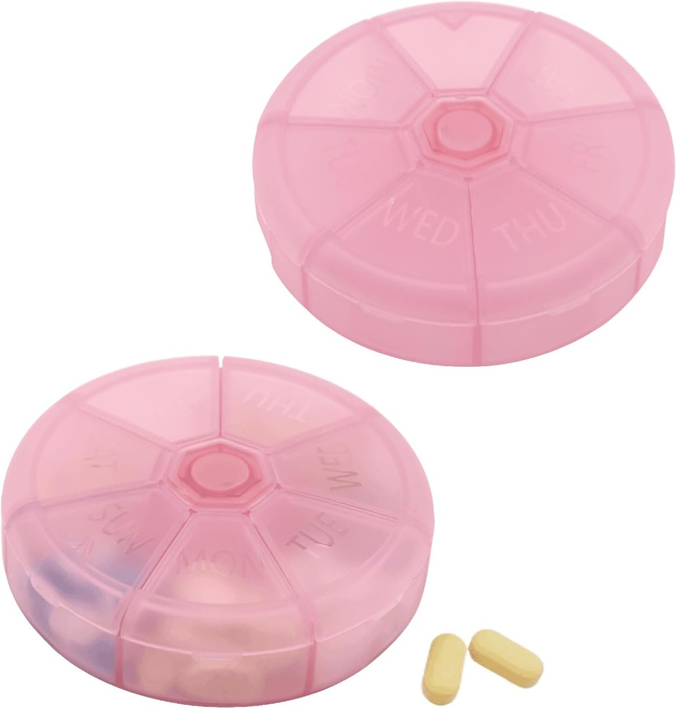 Portable Weekly Pill Productionser 7 Day Pills Container, Round Pill Case Travel Friendly, Daily Week Pillתזכורתer Case, BPA-חינם ויטמין, תוסף שמן דגים, מתכנן תרופות (Pink)