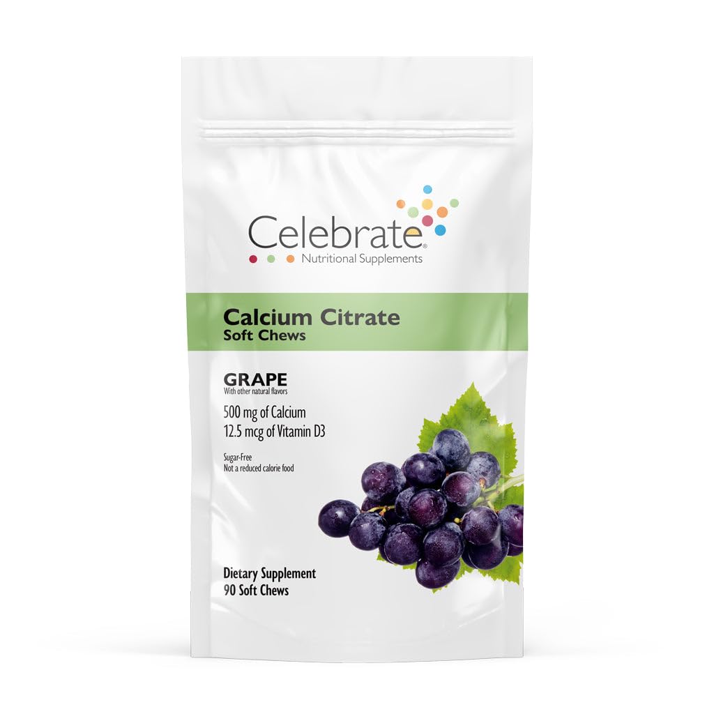 חוגגים ויטמין Bariatric 500 מ"ג Calcium Citrate Chews עם 500 IU ויטמין D3 - Essential for Gastric Bypass חולים & Bone Health - Sugar & Gluten Free, Grape (90 Chews)