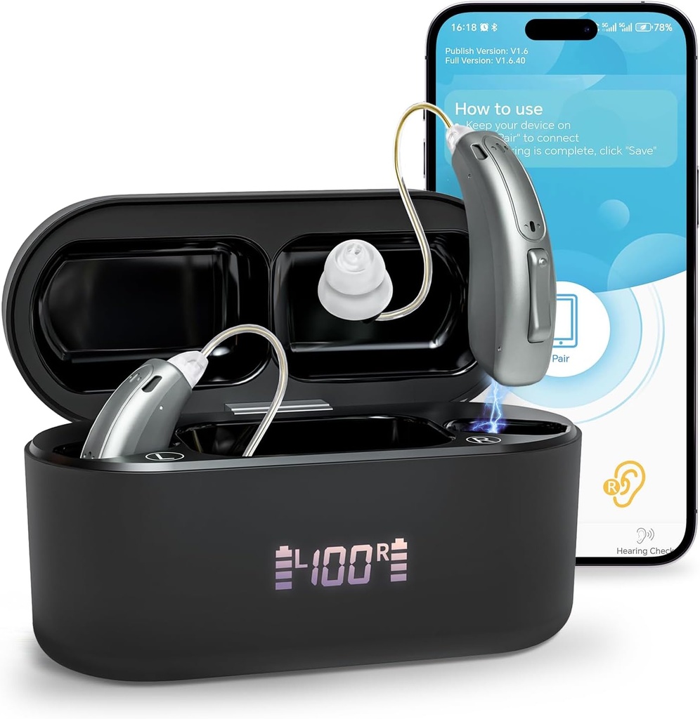 מכשירי שמיעה (Not amplifiers), Blue Rechargeable Hearing Aids for Adults, Superior Sound Quality OTC Smart Hearing Aid with Noise Cancel, Bluetooth End & App Control, 4 מצבי דיבור חכמים