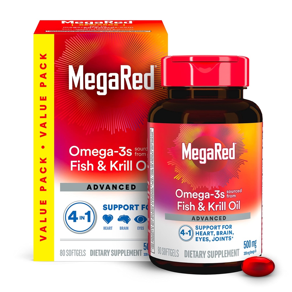 Megared אומגה 3 שמן דגים + High Absorption קריל 500 מ"ג Softgels, Mega Red Advanced 4in1 (80 ספירה בבקבוק) ריכוז אומגה 3 דגים וקריל שמן שמן שמן