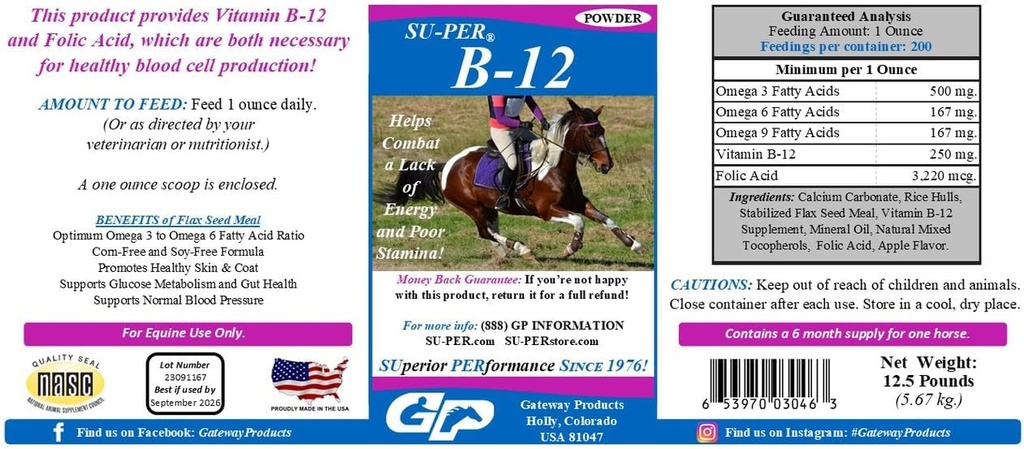 SU-PER B-12 Energy Horse תוספת - Equine ויטמינים B-12 & B-9 Folic Acid אבקת תמיכה - 12.5 פאונד, 6 חודשים אספקת מזון