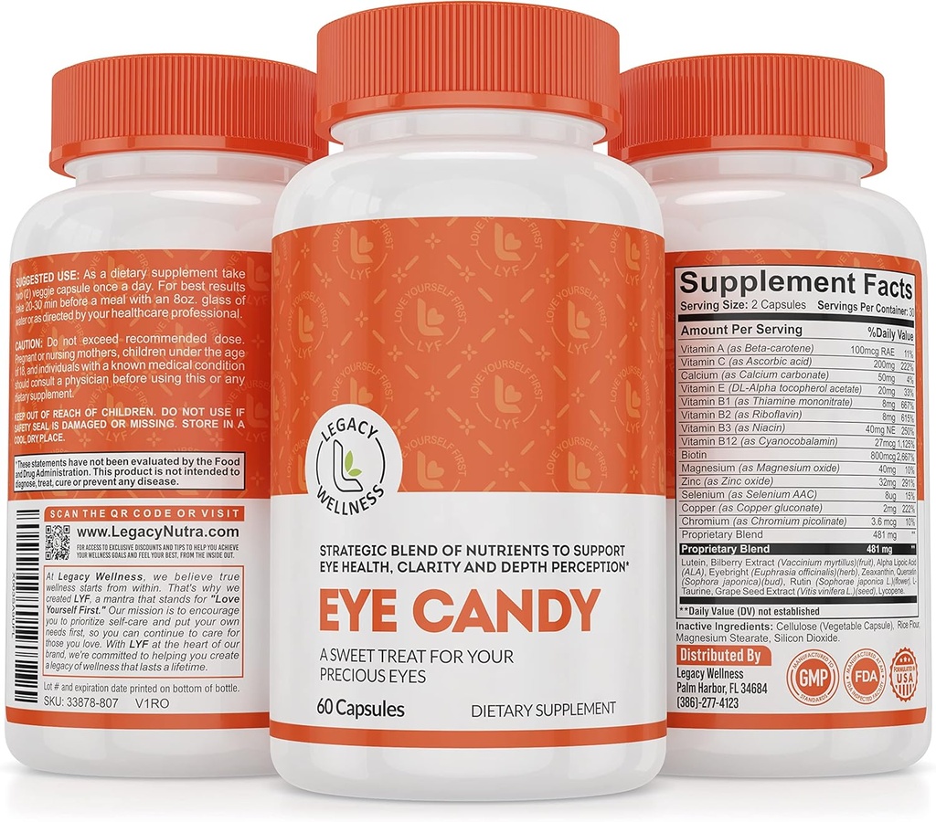 Legacy Well Candy Eye ויטמינים עם Lutein, Zeaxanthin, Calcium, Biotin, Copper, Zinc Pills + תומך חזון בריאות בהזדקנות מבוגרים + עין סטרין מ Too זמן מסך, תוספי עיניים יבשים