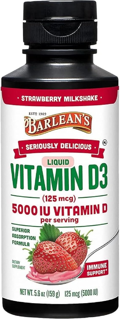 ויטמין נוזלי של Barlean, 5000 IU D3, Strawberry Milkshake Flavored עבור ילדים ומבוגרים, מקסימום Absorption, non-GMO, Gluten-Free - 5.6 oz