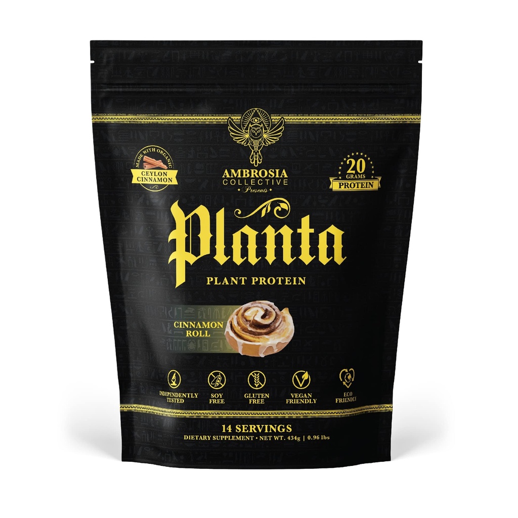 Ambrosia Planta - Premium Plant-מבוסס חלבון | טבעוני & Keto Friendly | Gourmet Flavors with no Bloating or Stomach Upset | Gluten & Soy Free | No added Sugar | 14שרתים | (Cinnamon Roll)