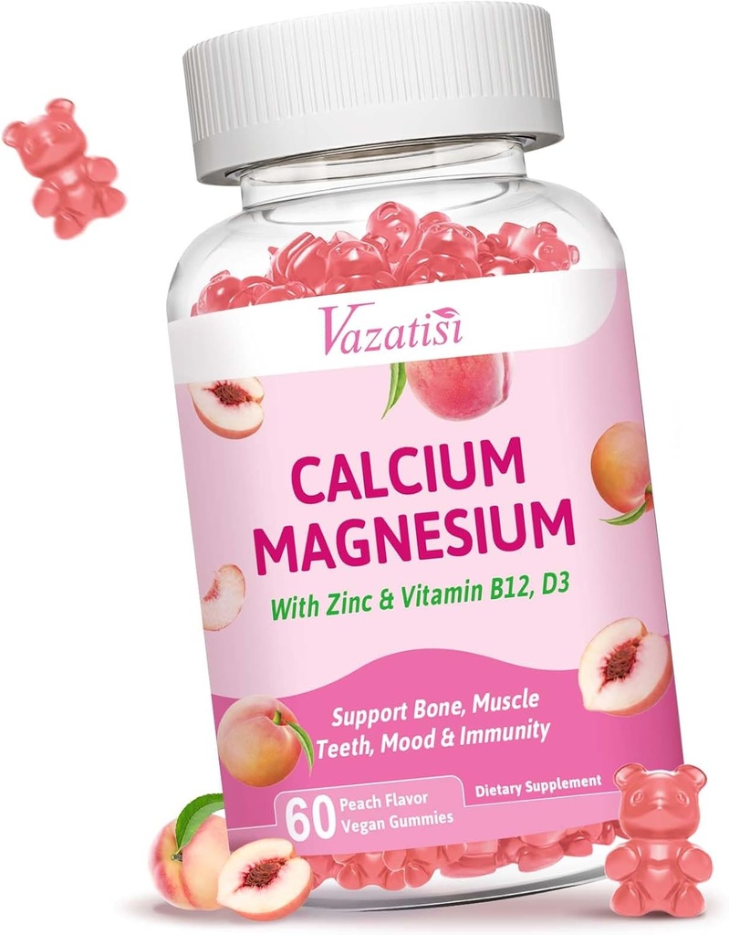 Calcium Magnesium Zinc Gummies עם ויטמין D3 B12, תוספי Calcium לנשים גברים, Peach Flavor 60 Cts